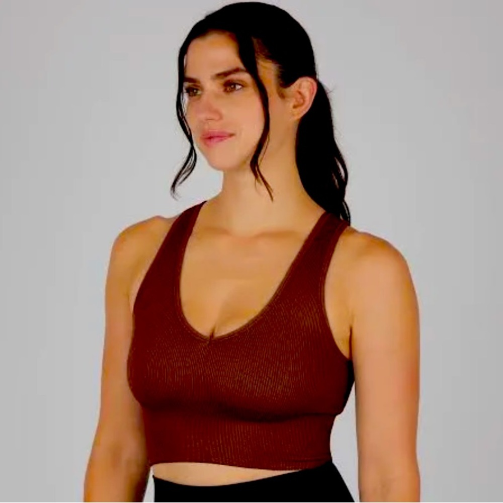 90 Degree By Reflex Ribbed Seamless Highline V-Neck Tank wine maroon burgundy M